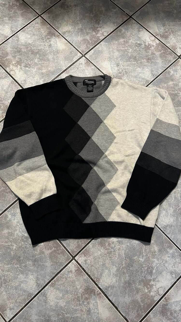 Vintage Tosani Men's Argyle Diagonal Pattern Crewneck Cotton Knit Sweater
